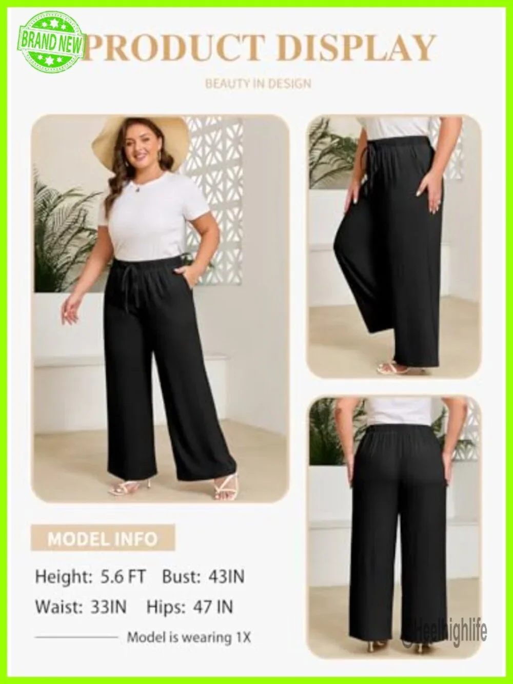 Women's Plus Size High Waist Drawstring Wide Leg Trousers with Pockets